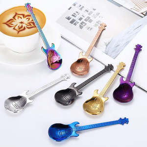 Accessories Tools: Stainless Steel Guitar Shaped Love Coffee Spoon Teaspoon Children Spoon 7 Colors Coffee Tea Spoon