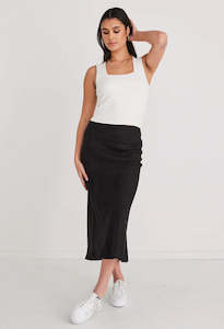 Re Union: Bliss Black Linen Bias Midi Skirt