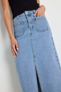 Womenswear: Zoey Sea Blue Pocket Front Denim Midi Skirt