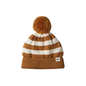Nature Baby: Alpine pom pom beanie - TOFFEE BOLD STRIPE