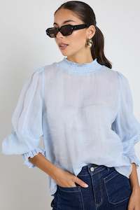 Womenswear: Embrace Ice Blue Ramie Shirred Neck LS Top