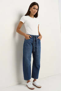 Stories To Be Told: Campus Deep Blue Tie Waist Barrel Jeans