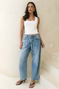 Campus Light Blue Tie Waist Barrel Jeans