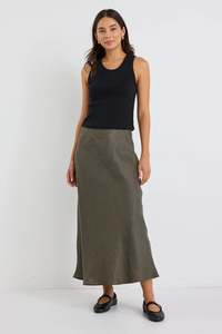 Womenswear: Bliss Khaki Linen Bias Midi Skirt