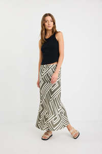 Departure Khaki Maze Print Viscose Blend Tie Waist Bias Maxi Skirt