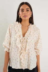 Womenswear: Garnish Cream Black Spot Frill Front Mid Sleeve Top