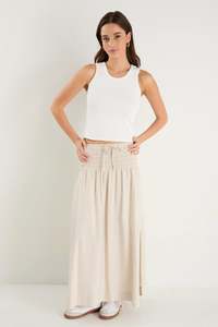 Re Union: Byron Natural Linen Shirred Waist Maxi Skirt