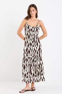 Relax Chocolate Geo Strappy Tiered Midi Dress