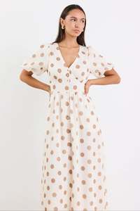 Dresses: Lisbon Copper Polka Dot Puff Sleeve Midi Dress