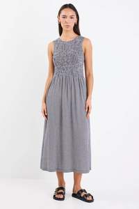 Dresses: Bryar Navy Mini Gingham Sleeveless Shirred Bodice Midi Dress -Navy Mini Gingham
