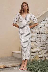 Amora Cream Chocolate Polka Dot Bias Midi Dress
