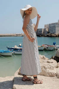 Dresses: Bryar Ivory Black Stripe Cotton Sleeveless Shirred Bodice Midi Dress