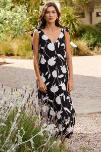 Dresses: Spontaneous Black and White Floral Tie Shoulder Relaxed Midi Dress