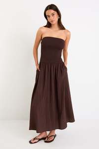 Dresses: Athens Chocolate Strapless Shirred Bodice Maxi Dress
