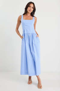 Dresses: Gilded Blue Stripe Sleeveless Square Neck Maxi Dress