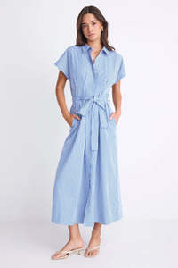Dresses: Camden Bright Blue Stripe Short Sleeve Pleated Midi Shirt Dress