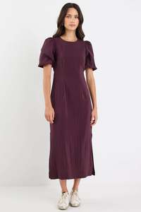 Elder Plum Short Puff Sleeve Tie Midi Dress