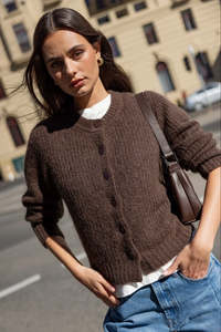 Highlight Chocolate Mohair Blend Crewneck Cardigan