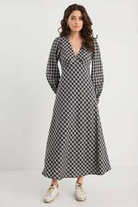 Phoenix Black White Check Balloon Sleeve Midi Dress