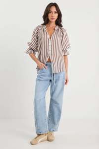 All Tops: Noetic Chocolate Stripe Short Sleeve Blouse