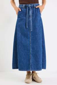 Dockside Storm Blue Denim Tie Front Maxi Skirt