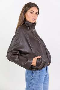 Coats: Ensemble Chocolate Faux Leather Funnel Neck Zip Through Jacket