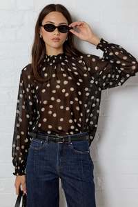 All Tops: Emphatic Black Polka Dot Georgette High Neck LS Top