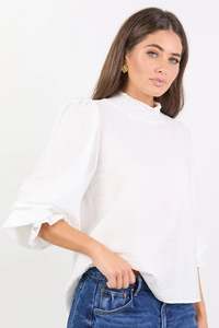 Embrace Ivory Self Stripe Shirred Neck LS Top