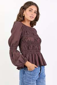 All Tops: Required Chocolate LS Shirred Bodice Top