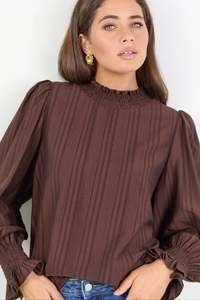 All Tops: Embrace Chocolate Self Stripe Shirred Neck LS Top