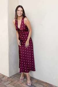 Dresses: Aston Wine Cream Polka Dot Satin Bias Flared Maxi Dress