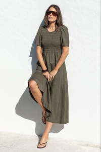 Wren Dark Olive Linen Blend SS Shirred Bodice Midi Dress