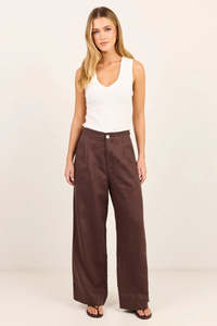 Curator Dark Chocolate Linen Pleat Front Wide Leg Pants