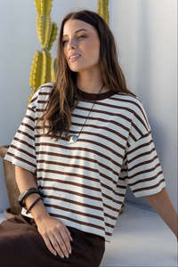 All: Cohesion Chocolate Vanilla Stripe Oversized Contrast Binding Boxy SS Tee