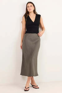 Bliss Dark Olive Linen Bias Midi Skirt