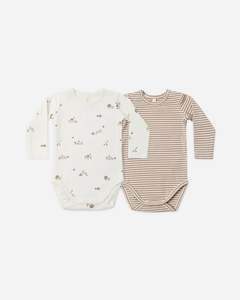 Jersey Bodysuit, 2 Pack Bunnies, Almond Stripe