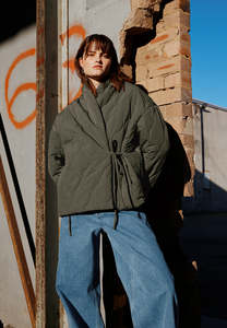 For Her: QUILTED WRAP JACKET, OLIVE GREY