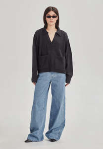 Knitwear Sweaters Women: BOXY POLO KNIT, CHARCOAL