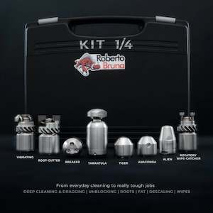 Drain Cleaning Equipment: Roberto Bruna 6 mm 1/4 inch BSP(F) drain nozzle pack 8 x piece kit with carry case - all sizes