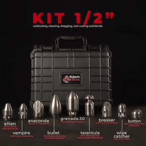 Drain Cleaning Equipment: Roberto Bruna 13 mm 1/2 inch BSP(F) drain nozzle pack 9 x piece kit with carry case - all sizes