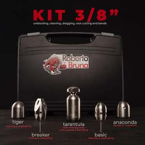 Drain Cleaning Equipment: Roberto Bruna 10 mm 3/8 inch BSP(F) drain nozzle pack 5 x piece kit with carry case - all sizes