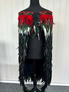 Adult Full Length Large Pre Made Korowai - Tana Kereru Forest Green & Red Whanake