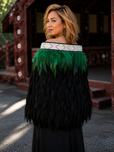 Pre Made XL Half Korowai Black/Forest Green  - Black/White/Oatmeal Taniko