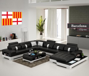 U Shaped Lounge Sofas Sectionals: Barcelona Sofa Set | U-Shaped 5 Seater Sofa with LED Lighting (Black & Brown)