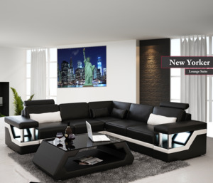 L Shaped Lounge Suites Corner Sofas Nz: New Yorker Sofa Set | L-Shaped 2 Seater + corner +2 Seater with LED Armrest Lighting (Black, White, Brown, Cream, cherry & Caramel))