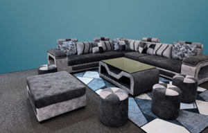 7 Seater Scandinavian Sofa Set | Ottoman, Foot Stools & Table (Grey & Brown)