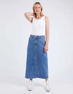 skirts: Elm Zoe Midi Denim Skirt Mid Blue Wash