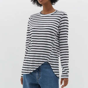Bassike / Stripe Scoop Hem Long Sleeve T-Shirt / White + Black