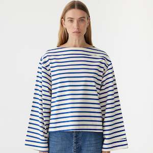 Sale: Bassike / Stripe Boatneck Long Sleeve T-Shirt / Natural + Cobalt