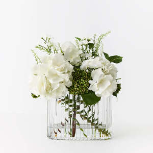 Hydrangea Larkspur Arangement /  Ribbed Glass Vase
